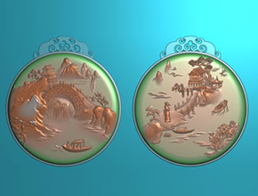 精美和田白玉山水對牌電腦精雕圖款_享刻玉石雕