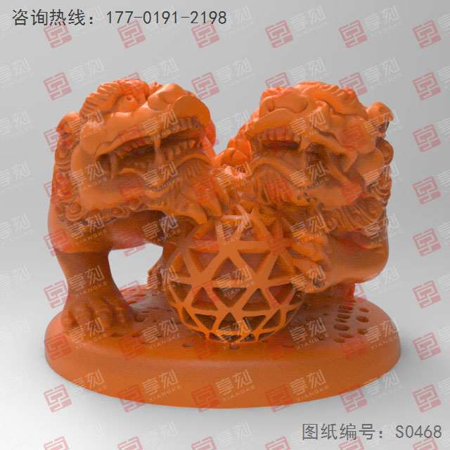 雙獅子戲球立體擺件精雕圖_五軸雕刻機(jī)廠家