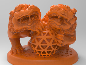 雙獅子戲球立體擺件精雕圖_五軸雕刻機廠家